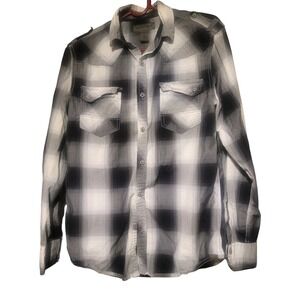 Decree Mens Plaid Button Down Shirt Black White Grey‎ Western Epaulets Small